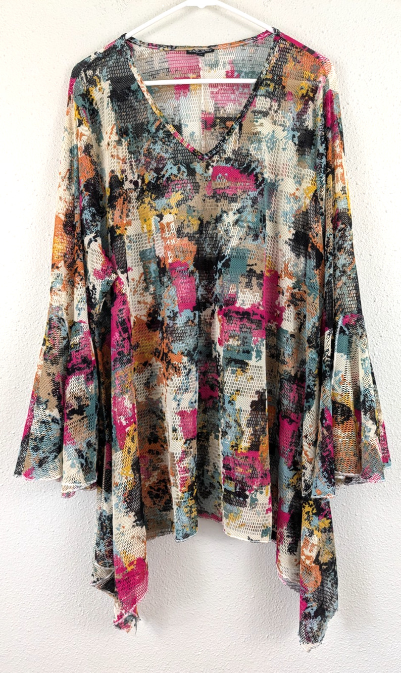 Dor Dor Couture sz 3X Mesh Sheer Blouse flowy boho artsy festival bell 3527